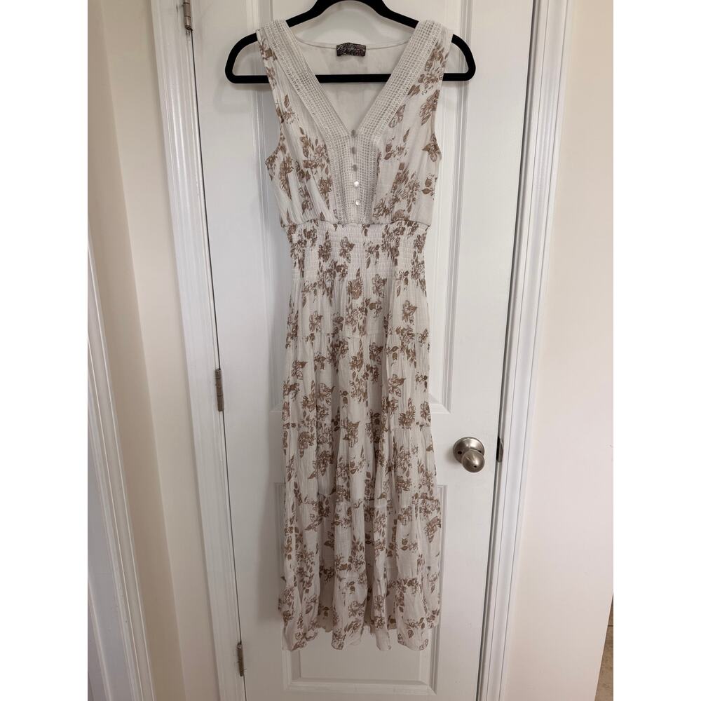 J Gee Floral Maxi Dress Womens Medium Ivory Boho Cottagecore Smocked Crochet